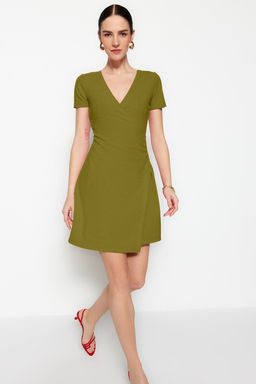 TRENDYOLMILLA Siyah Kruvaze Yaka A-Line Krep Mini Smart Orme Elbise TWOSS23EL01703 фото 9