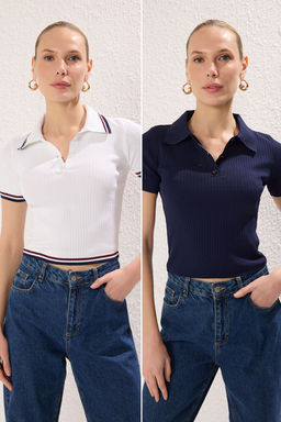 Lacivert-Ekru Basic Polo Yaka Ikili Paket Triko Ince Bluz TWOSS25BZ00503