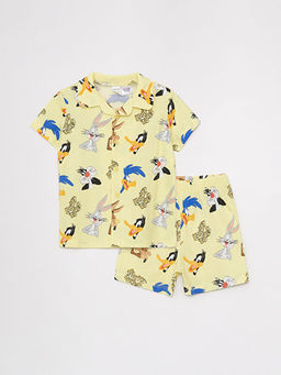 G?mlek Yaka K?sa Kollu Looney Tones Bask?l? Erkek Bebek Pijama Tak?m?