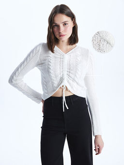 V Yaka Kendinden Desenli Uzun Kollu Kad?n Triko Kazak