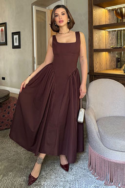 Kahverengi A-Kesim Poplin Dokuma S?k Elbise TPRSS25EL00158