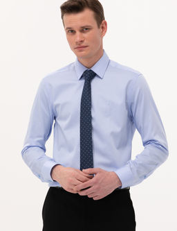 Koyu Mavi %100 Pamuk Parlak Saten Slim Fit Uzun Kollu Basic G_mlek