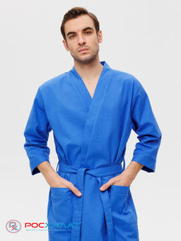 Мужской укороченный вафельный халат с планкой синий В-05 (16)