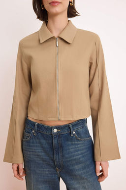 Bej Fermuarl_ V_cuda Oturan/Fitted Gabardin Mevsimlik _nce Ceket TWOSS26CE00033 - Trendyolmilla фото 7