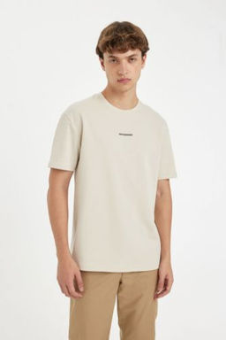 Regular Fit Bisiklet Yaka Bask?l? Ag?r Kumas K?sa Kollu Tisort