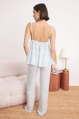 Mavi Cicekli F?rf?r Detayl? Viskon Dokuma Pijama Tak?m? THMSS26PT00104