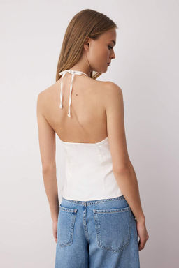 Trendyolmilla Ac?k Kahverengi Pamuklu Gabardin Halter Yaka Fitted Bedene Oturan Dokuma Bluz TWOSS25BZ00536 фото 10