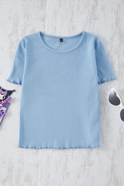 Ekru K?z Cocuk Pamuklu Basic Regular Kal?p Fitilli K?sa Kol Orme T-Shirt TKDSS25TS00020