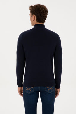 Erkek Slim Fit Yar_m Bal_k__ Yaka Lacivert Basic Kazak