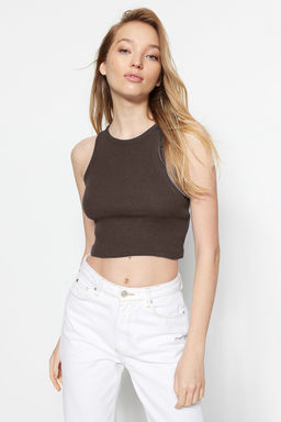 Kahverengi-Tas 2li Paket Vucuda Oturan Crop Halter Yaka Fitilli Esnek Orme Atlet TWOSS21AL0058