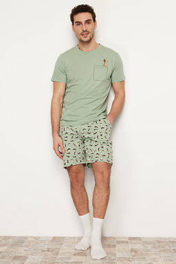 Unisex Ye_il Regular Fit Bask_l_ _rme _ortlu Pijama Tak_m_ THMSS21PT0324