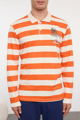 Turuncu- Ekru Cizgili Polo Yaka Regular Fit Orme %100 Pamuklu Pijama Tak?m? TMNAW25PT00019