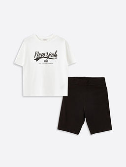 Bisiklet Yaka Bask?l? K?sa Kollu K?z ?ocuk Ti??rt ve Tayt