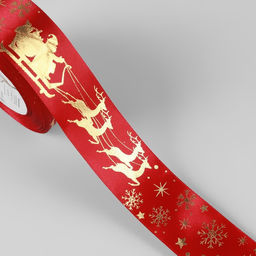 Лента атласная с тиснением Олени в упряжке, 40 мм, 231 м, красная
