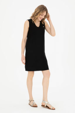 Женское черное тканое платье с круглым вырезом Неожиданная скидка в корзине