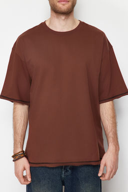 Kahverengi Oversize Dikis Detayl? %100 Pamuklu T-Shirt TMNSS24TS00094