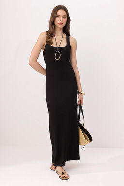 Siyah Bodycon Kare Yaka Kal?n Ask?l? Kolsuz Maxi Soft Touch Orme Elbise TWOSS26EL00631
