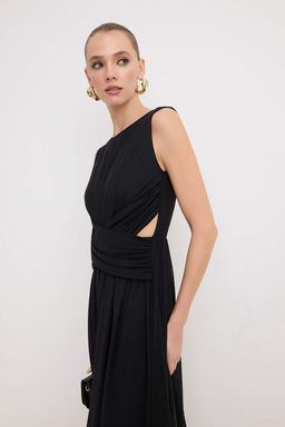 Siyah Cicekli Etegi Belden Ac?lan Cut outl? Orme Tul Maxi Astarl? S?k/Gece Elbise