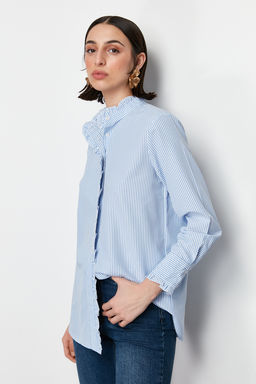 TRENDYOLMILLA Mavi Cizgili Pat? ve Yakas? F?rf?r Detayl? Dokuma Gomlek TWOSS24GO00083  фото 2