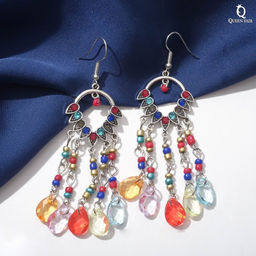 Серьги висячие со стразами Восток ловец снов, цветные в чернёном серебре, 8 см