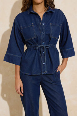 Koyu Mavi Belden Baglamal? Tencel Kar?s?ml? Denim Gomlek TWOSS26GO00006 - Trendyolmilla фото 6