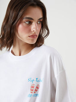 Bisiklet Yaka Bask?l? Oversize Kad?n Ti??rt