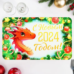 Цена за 3 шт. Салфетка новогодняя на стол С Новым Годом! 2024 символ года, шарики