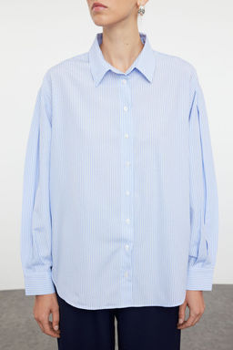 Mavi Cizgili Oversize/Genis Kal?p Dokuma Gomlek TWOSS23GO00144