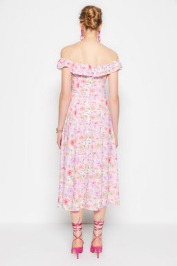 TRENDYOLMILLA Mor Cicek Desenli A Kesim Carmen Yaka Form Midi Dokuma Elbise TWOSS23EL01243