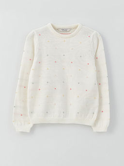 Bisiklet Yaka Desenli Uzun Kollu K?z ?ocuk Triko Kazak