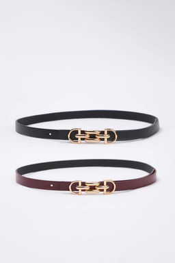 Siyah-Bordo 2li Paket Deri Gorunumlu Kemer TWOAW26KE00005