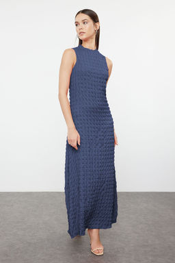 Indigo Duz Dokulu A Kesim/Can Form Bisiklet Yaka Dokulu Maxi Elbise TWOSS24EL00683