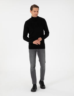 Siyah Slim Fit Yar_m Bal_k__ Yaka Triko Kazak