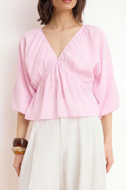 Pembe Lastikli V Yaka Rahat Dokuma Bluz TWOSS26BZ00399