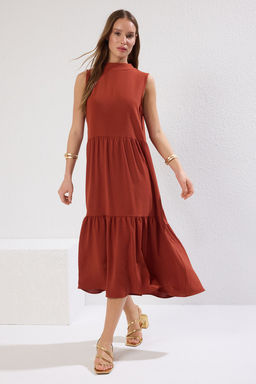 TRENDYOLMILLA Kahverengi Shift/Duz Kesim Dik Yaka Midi Dokuma Elbise TWOSS20EL1864 фото 30