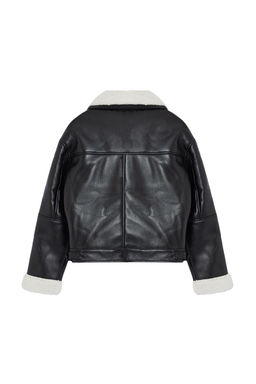 Siyah Oversize Kal?p Pelus Detayl? Suni Deri Biker Ceket Mont TWOAW25MO00001 - Trendyolmilla фото 7