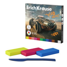 Цена за 1 шт. Пластилин классический ErichKrause Road Beast 12 цветов со стеком, 180 г (в коробке 12 шт)