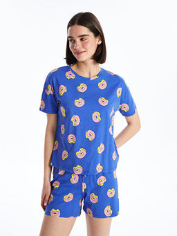 Bisiklet Yaka Desenli K?sa Kollu Kad?n ?ortlu Pijama Tak?m?