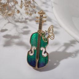 Брошь «Скрипка с бабочкой», синяя, зелёный в золоте