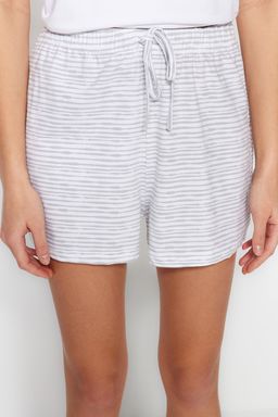 Trendyolmilla Ac?k Mavi Pamuklu Cizgili Slogan Bask?l? Sortlu Orme Pijama Tak?m? THMSS23PT00228  фото 5