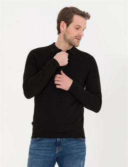 Siyah Slim Fit Fermuarl_ Polo Yaka Triko Kazak