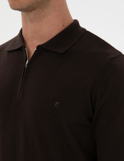 Koyu Kahverengi Slim Fit Polo Yaka Fermuarl_ Basic Triko Kazak - Pierre cardin фото 7