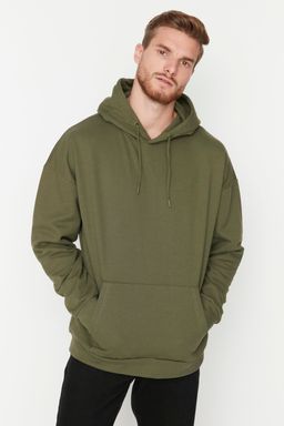 Haki Oversize/Genis Kesim Kapusonlu Ici Polar/S?cak Tutan Sweatshirt TMNAW23SW00195