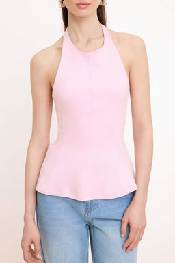 Ac?k Pembe Fitted/Vucuda Oturan Boyundan Baglamal? Kolsuz Interlok Orme Bluz TWOSS26BZ00665 - Trendyolmilla фото 3