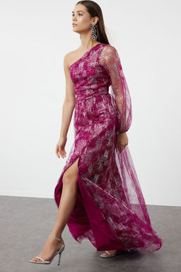 TRENDYOLMILLA Bordo-Cok Renkli A-Kesim Tek Omuz Dokuma Tul Uzun S?k Abiye Elbise TPRSS24AE00249