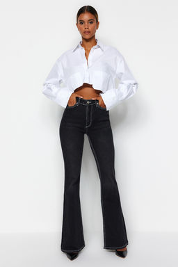 TRENDYOLMILLA Siyah Kontrast Dikisli Yuksek Bel Flare Jeans TWOSS22JE0460