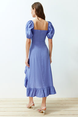 Mavi Etegi Volanl? Balon Kollu Midi Dokuma Elbise TWOSS24EL00522 - Trendyolmilla фото 6