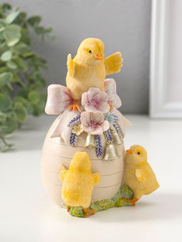 Фигурка полистоун Цыплята с яичком с розовыми цветами и колокольчиками, 15 см
