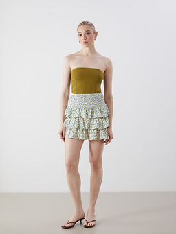 Beli Lastikli ?i?ekli Kat Kat Pileli Mini Etek