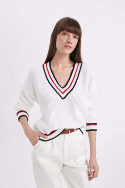 Свитер из ткани Selanik Relax Fit с V-образным вырезом - Defacto фото 4